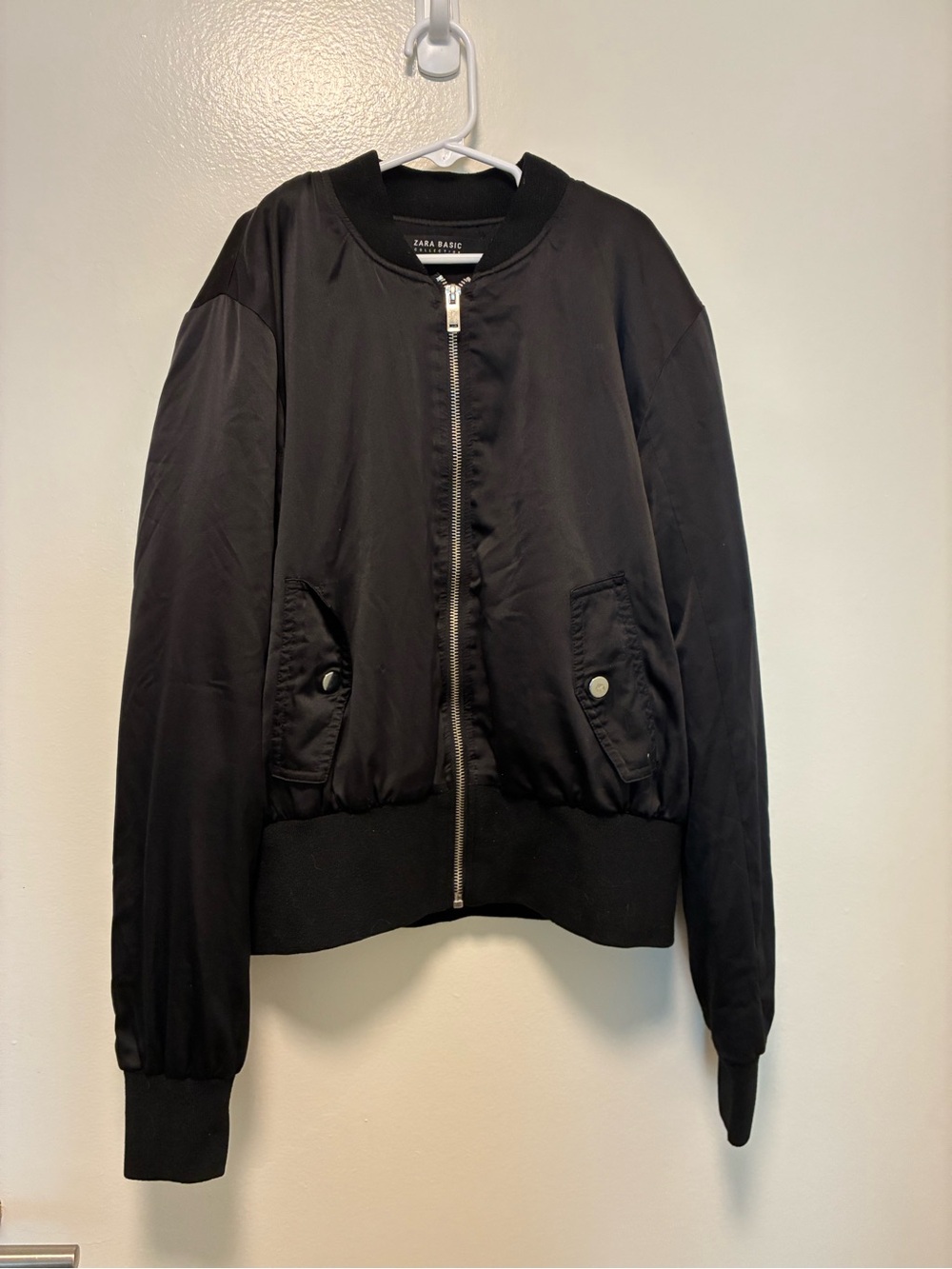 Zara Satin Black Cropped Bomber Jacket